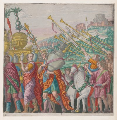 Arkusz 4: Mężczyźni niosący trofea po lewej, trębacze po prawej, z Triumfu Juliusza Ca..., 1599. autorstwa Bernardo Malpizzi