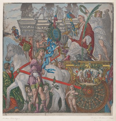 Arkusz 9: Juliusz Cezar w swoim rydwanie konnym, z Triumfu Juliusza Cezara, 1599. autorstwa Bernardo Malpizzi