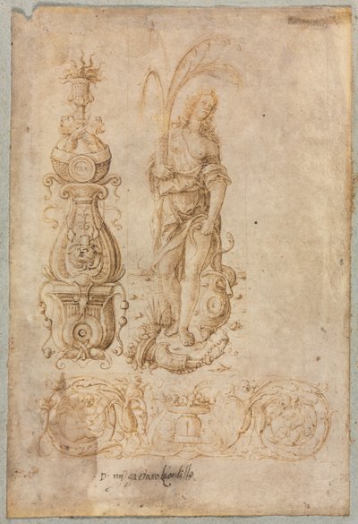 Projekt kandelabru, Alegoryczna figura obfitości, Projekt płaskorzeźby ozdobnej, ok. 1900 1490s. autorstwa Bernardo Parentino