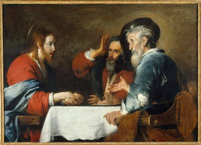 Chrystus ma Emaus Chrystus ukazuje się pielgrzymom siedzącym przy stole w gospodzie w Emaus. Obraz Bernardo Strozziego (1581-1644) 1640 nd. 1,24x1,72 m Grenoble, Musee des Beaux Arts autorstwa Bernardo Strozzi