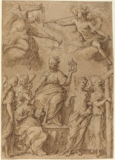 Ecclesia w otoczeniu aniołów trzymających instrumenty męki autorstwa Bernardo Strozzi