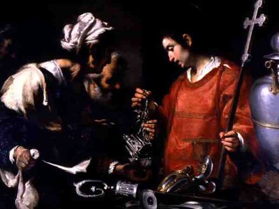 Św. Wawrzyniec rozdaje swoje bogactwo ubogim (olej na płótnie) autorstwa Bernardo Strozzi