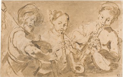 Trzech muzyków grających na rogach i piszczałkach autorstwa Bernardo Strozzi