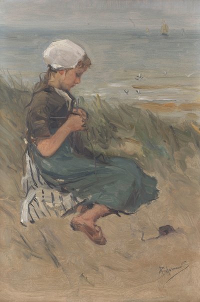 Dziewczyna robi na drutach na wydmach autorstwa Bernardus Johannes Blommers