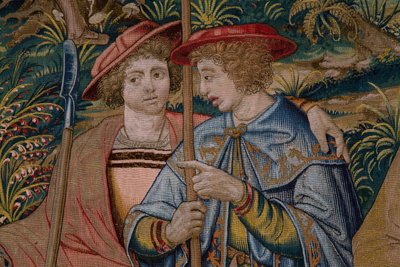 Flamandzki gobelin. Seria Fundacja Rzymu: Faustulus spotyka Romulusa i Remusa. Rysownik Barend van Orley (?). Produkcja brukselska. 1525-1530. Szczegół. autorstwa Bernart van (attr. to) Orley