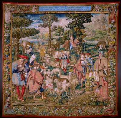 Flamandzki gobelin. Seria Fundacja Rzymu: Faustulus spotyka Romulusa i Remusa. Rysownik Barend van Orley (?). Produkcja brukselska. 1525-1530. autorstwa Bernart van (attr. to) Orley