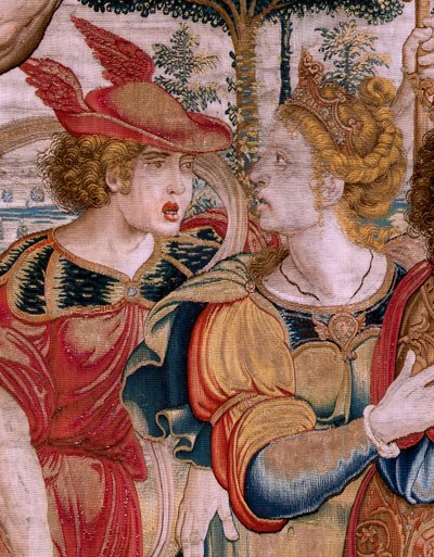 Flamandzki gobelin. Seria Kule. Herkules podtrzymujący sferę niebieską (Hércules sostiene la esfera celeste). Pierwszy gobelin z serii. Model Barend van Orley lub Pieter Coecke van Aelst. 1525-1530. Manufaktura Joris Vezeleer (Georg Wezeler)?, autorstwa Bernart van (attr. to) Orley
