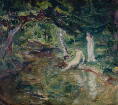 Para kąpiąca się w lesie (olej na płótnie) autorstwa Bernhard Dorotheus Folkestad
