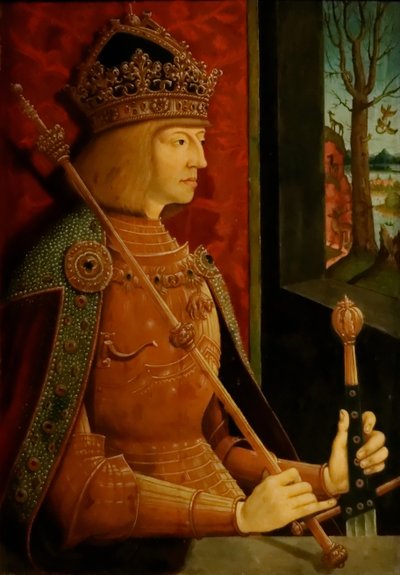 Cesarz Maksymilian I 1459-1519, z koroną, berłem i mieczem, ok. 1930 r. 1500 autorstwa Bernhard Strigel