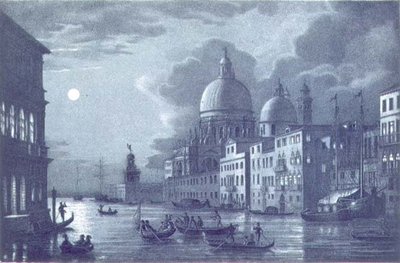 Scena nocna z Canale Grande i Santa Maria della Salute, Wenecja, sztychowana przez Brizeghela (lito) autorstwa Berselli (after)
