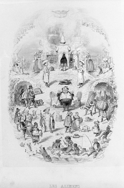 Jedzenie: gotowanie i różne sposoby przygotowywania jedzenia w Brillat - Savarin zilustrowane przez Bertalla. Paryż 1840. autorstwa Bertall