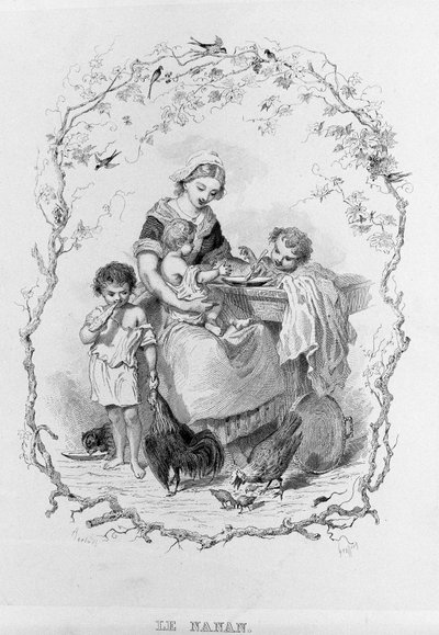 Nanan: młoda matka daje jedzenie trójce swoich dzieci w „La Physiologie du Gout” Brillata - Savarin z ilustracjami Bertala. Paryż 1840. Jean Anthelme Brillat Savarin (Brillat-Savarin) (1755-1826) Francuski gastronomia. autorstwa Bertall