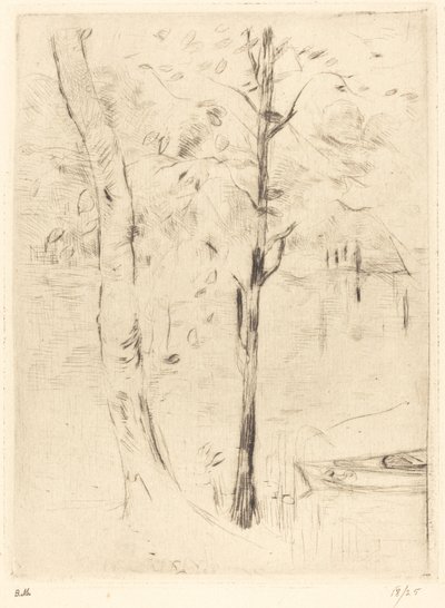 Jezioro z łodzią wiosłową autorstwa Berthe Morisot