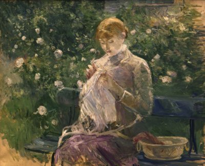 Szycie pasie w Ogrodzie Bougivala – 1881 – 81 × 100 cm – olej na płótnie autorstwa Berthe Morisot