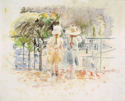 Dwie małe dziewczynki przy balustradzie nad jeziorem w Jardin des Tuileries w Paryżu autorstwa Berthe Morisot