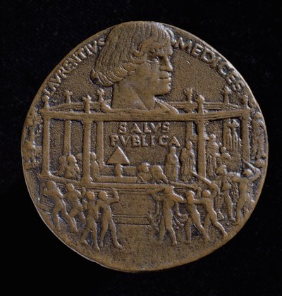 Medal z głową Wawrzyńca Medyceusza (1449-92) upamiętniający spisek Pazzich z 1478 r. (recto) (brąz) (verso zob. 120956) autorstwa Bertoldo di Giovanni