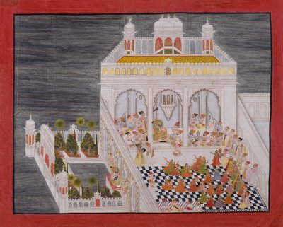 Maharana Ari Singh z dworzanami bawiącymi się w Pałacu Wodnym Jagniwas z 1767 r. autorstwa Bhima