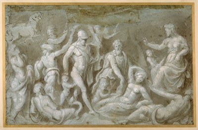 Mars i Rhea Silvia (pędzel i brązowy tusz wzmocniony białym kolorem ciała na carta azzurra) autorstwa Biagio Pupini