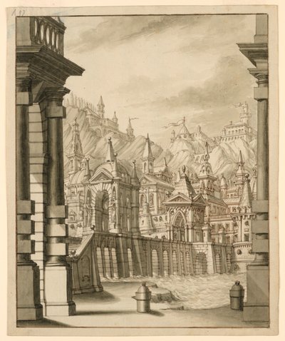 Scenografia, Miasto na wzgórzu z wieżowcami autorstwa Bibiena Family, 1657