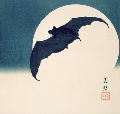 Nietoperz i księżyc w pełni (kolorowy drzeworyt) autorstwa Biho Takashi or Takahashi (b. 1873. fl 1890 1930)