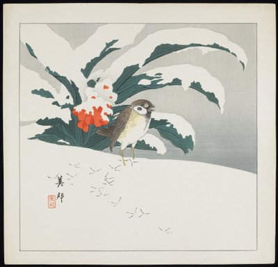 Ptak w śniegu, początek XX wieku autorstwa Biho Takashi or Takahashi (b. 1873. fl 1890 1930)