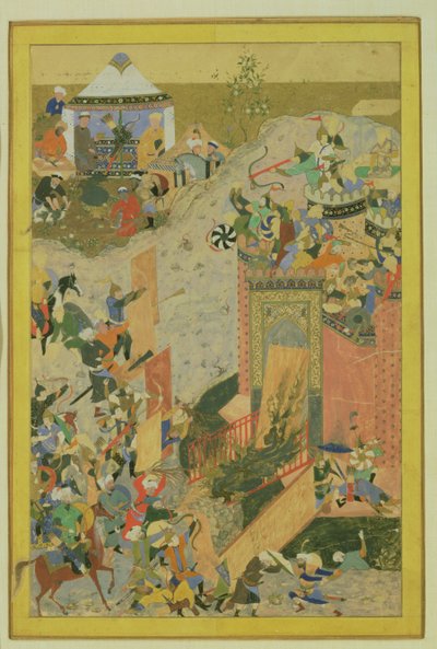 Szturm na zamek, perski, okres Timurydów (1370-1506) ok. 1475-1500 (wc i złoty płatek na papierze) autorstwa Bihzad attr. to Bihzad attr. to