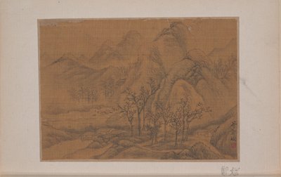 Pejzaż (miniatura z albumu z jedenastoma obrazami; tusz i kolor na jedwabiu) autorstwa Bin Zheng