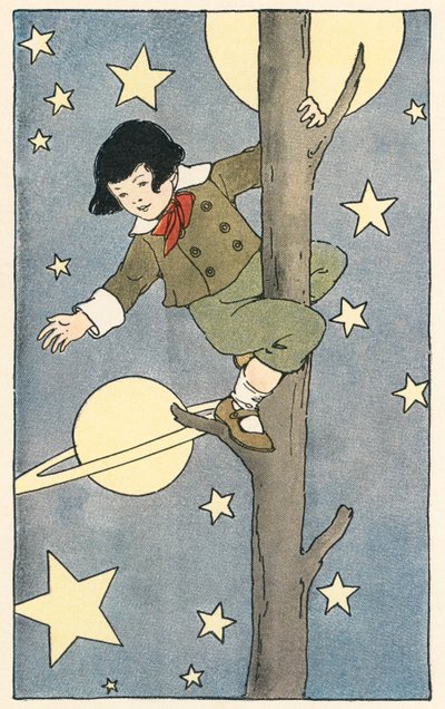 Chłopiec wspinający się na drzewo wśród gwiazd i planet autorstwa Blanche Fisher Wright