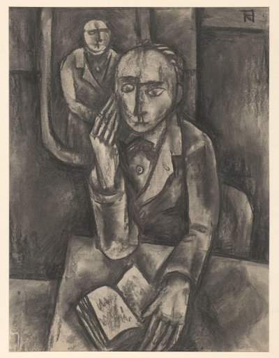 Mężczyzna siedzący przy stole z otwartą książką autorstwa Bob Hanf (signed by artist)