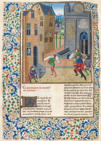 Dodać. 35323 f.122v Zawinięte ciała wnoszone do budynku, ilustracja z „Dekameronu” (welum) autorstwa Boccaccio Boccaccino