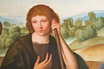 Adoracja Madonny pasterskiej z Dzieciątkiem Jezus i dwoma pasterzami, fragment 2384594 autorstwa Boccaccio Boccaccino