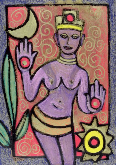 Bogini, 2002 (olej, pastel i tusz indyjski na papierze) autorstwa Bodel Rikys