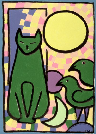 Sun Cat, 2000 (olej, pastel i tusz indyjski na papierze) autorstwa Bodel Rikys
