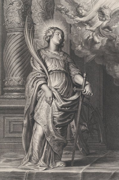 Święta Katarzyna trzymająca liście palmowe i miecz, nad głową dwa putta trzymające wawrzyn..., ca. 1625-59. autorstwa Boetius Adams Bolswert