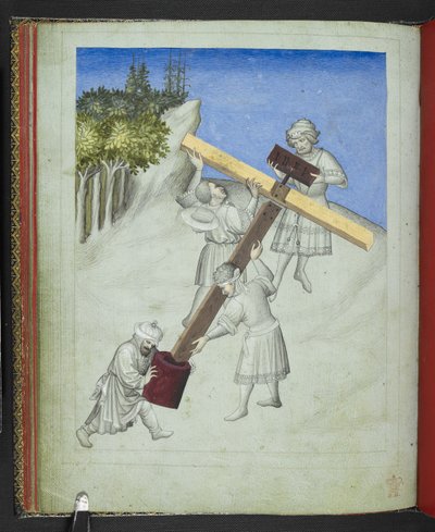 Dodaj 24189, f.11v, Montaż krzyża Chrystusa, z czterech różnych rodzajów drewna, przedstawionych w różnych kolorach, z „Picture Book of Sir John Mandeville