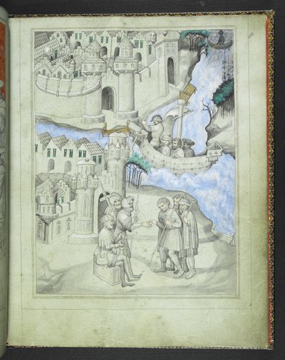 Dodaj 24189 f.8 Pielgrzymi zbliżający się do bram miasta, z „Picture Book of Sir John Mandeville