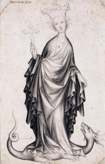 Święta Małgorzata z Antiochii (zm. ok. 305) (św. Małgorzata) (trzyma krucyfiks i depcze smoka) - Dzieło mistrza czeskiego (czynne 1410-1420), ołówek i pędzel na papierze (21,4x14 cm) , ok. 1410 - Muzeum Szepmuveszeti, Budapeszt (Węgry) autorstwa Bohemian School
