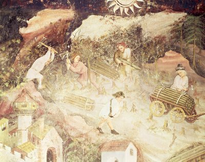 Miesiąc grudzień, fragment mężczyzn ścinających drzewa, ok. 1400 (fresk) autorstwa Bohemian School