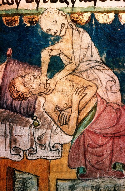a mort etranglant un pestifere - Śmierć dusząca ofiarę zarazy - Miniature extraite du codex Stini, Boheme autorstwa Bohemian School