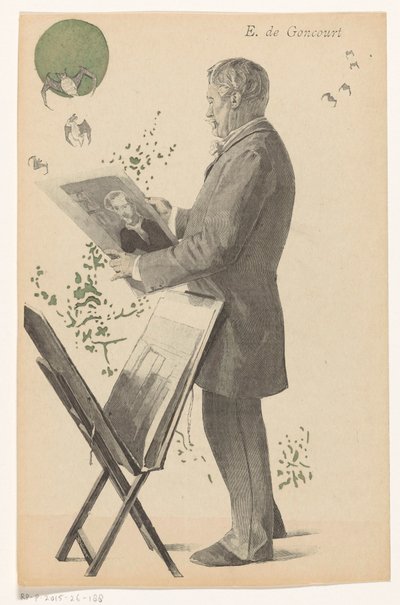 Edmond de Goncourt patrzy na odcisk, obok niego wzór odcisku E. de Goncourt (tytuł na obiekcie) autorstwa Boileau