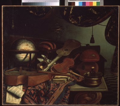 "Martwa natura z instrumentami muzycznymi"" (Martwa natura z instrumentami muzycznymi) Globus, flet, partytura, altówka, gitara. Obraz Bonaventury Bettera (1663-1718) 1715 Muzeum Puszkina, Moskwa autorstwa Bonaventura Bettera