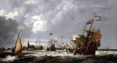 Statki "Hercules" i "Eenhorn" u wybrzeży Hoorn (Holandia), z opisem miasta na horyzoncie. Olej na płótnie autorstwa Bonaventura Peeters