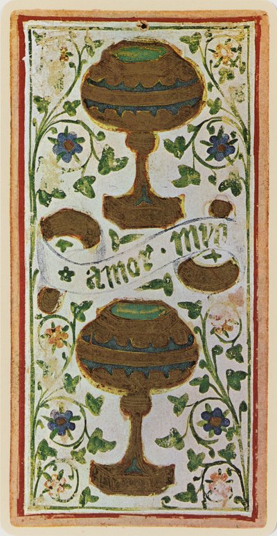 Dwójka Pucharów, faksymile karty tarota z talii „Visconti”, 1441-47 autorstwa Bonifacio Bembo