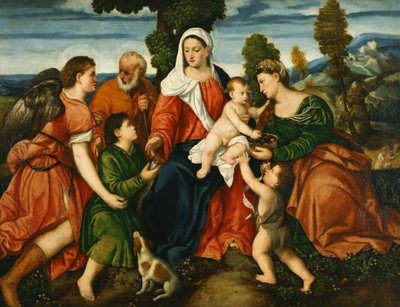 Święta Rodzina z Tobiaszem i Aniołem, Święta Dorota, Giovannino i Cud Zboża za nimi autorstwa Bonifazio Veronese