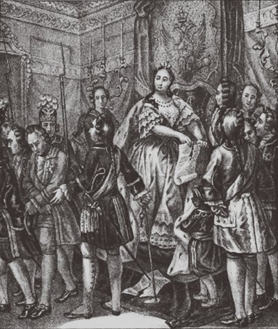 Anna Ioannovna rozdziera się na warunki, 1730 autorstwa Boris Artemyevich Chorikov