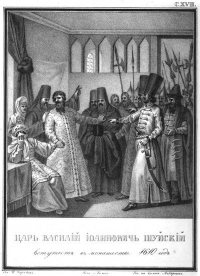 Konsekracja klasztorna cara Wasilija Iwanowicza Szujskiego, 1610 Z Ilustrowanego Karamzina, 1836 autorstwa Boris Artemyevich Chorikov