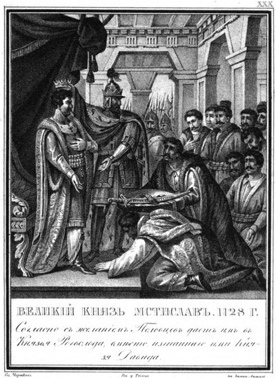 Mścisław I mianował Rogvoloda księciem połockim. 1128 Z Ilustrowanego Karamzina, 1836 autorstwa Boris Artemyevich Chorikov