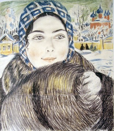 Żona młodego kupca w kraciastym szaliku par Kustodiev, Boris Michajłowicz (1878-1927) autorstwa Boris Mikhailovich Kustodiev