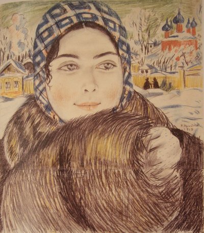 Żona młodego kupca w szaliku w kratkę, 1919 autorstwa Boris Mikhailovich Kustodiev