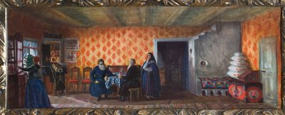 Decor preparatoire pour la piece de theatre „La mort de Pasuchhin” de Michaiła Sałtykowa-Szczedrina (Sałtykowa Szczedrina, Sałtykowa-Szczedrina, Sałtykowa Czczedryna) (1826-1889) (Scenografia do spektaklu „Śmierć Pasuchina” M. Sałtykowa Szczedrina) ). autorstwa Boris Mikhailovich Kustodiev